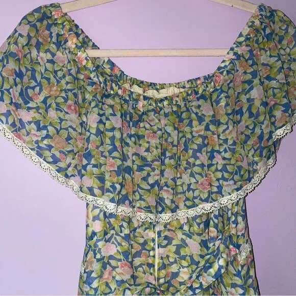 Camela of California S Maxi Dress 70s Ball Gown Blue Ditsy Floral Ruffle Boho - Picture 6 of 10